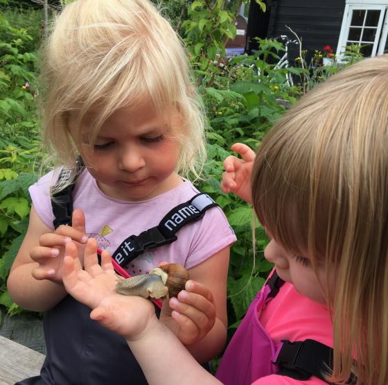 Barn med snegl i hånden